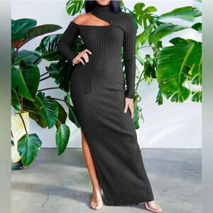 Ladies Sexy Open Show Slit Dress Turtleneck Strip Long Skirt